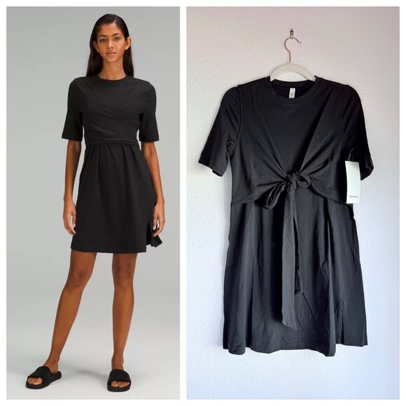 NWT Lululemon Women's Pima Cotton Wrap-Front T-Shirt Dress in Black Size 2 - Picture 1 of 13